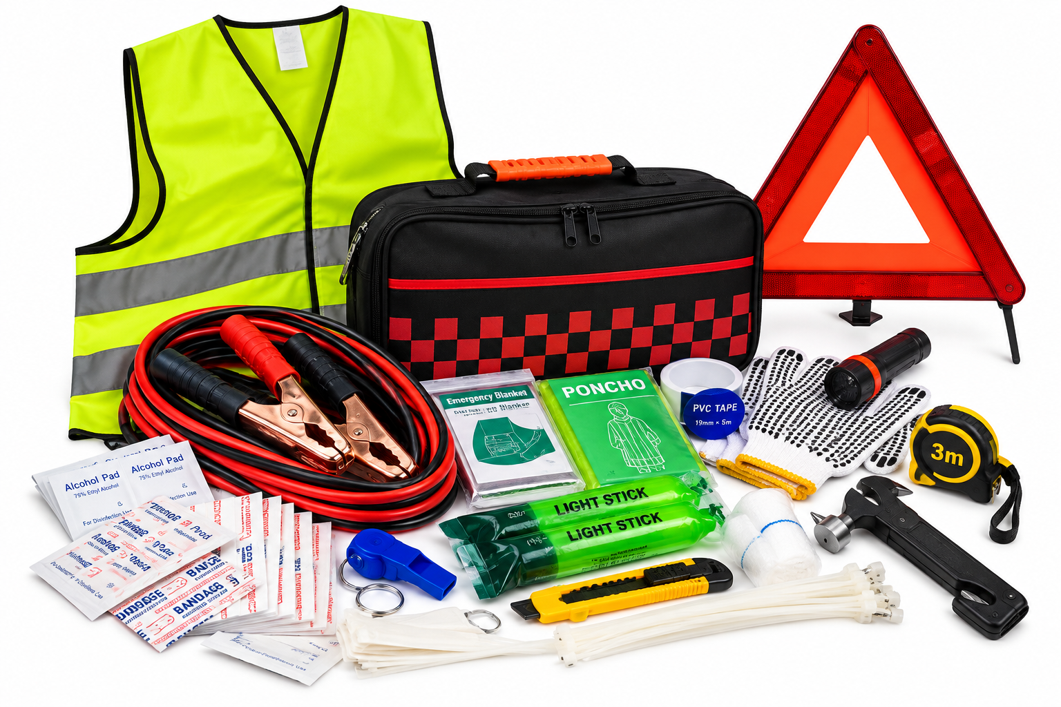 Kit de Secours & Sécurité Automobile Complet (17 Éléments avec Câbles & Gilet)